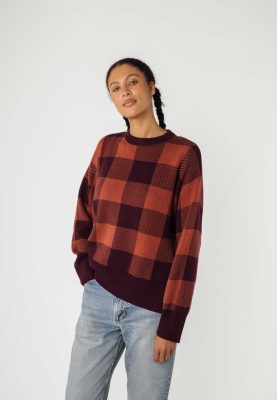 MELA Damen vegan Strickpullover Faiza Rosine/Mahagoni Melange Karo Rot
