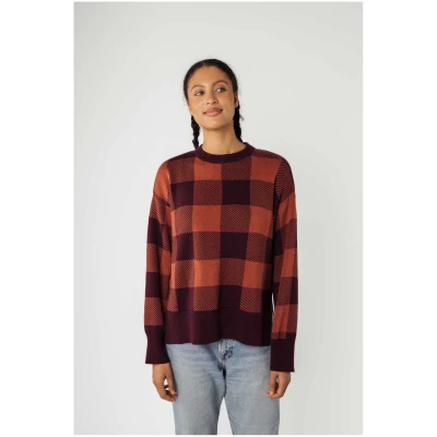 MELA Damen vegan Strickpullover Faiza Rosine/Mahagoni Melange Karo Rot