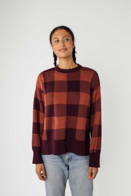 MELA Damen vegan Strickpullover Faiza Rosine/Mahagoni Melange Karo Rot