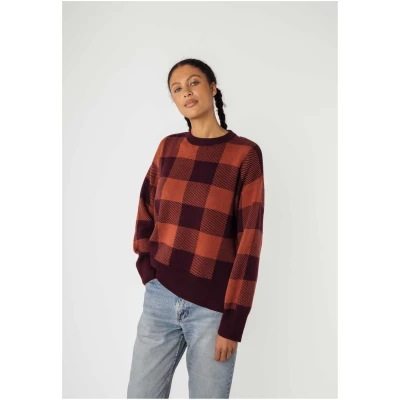MELA Damen vegan Strickpullover Faiza Rosine/Mahagoni Melange Karo Rot