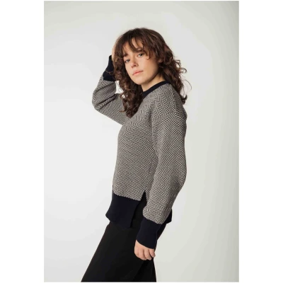 MELA Damen vegan Strickpullover Jacquard Faiza Schwarz / Cremefarbenes FischgrÃ¤tenmuster