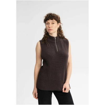 MELA Damen vegan Strickweste Mit Rollkragen Gamini Dunkelbraun