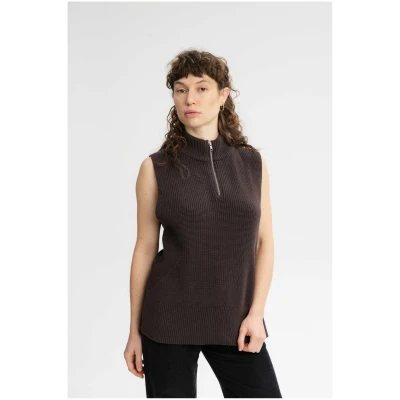 MELA Damen vegan Strickweste Mit Rollkragen Gamini Dunkelbraun