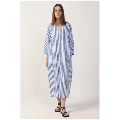 Neu Nomads Damen vegan Kleid Kaftan Isla Blau Gestreift