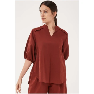 ORGANICATION Damen vegan Bluse PuffÃ¤rmeln Dunkelrot