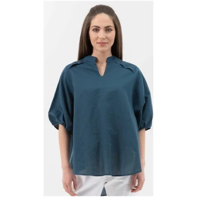 ORGANICATION Damen vegan Bluse V-Ausschnitt Navy