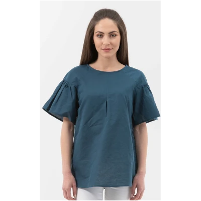 ORGANICATION Damen vegan Bluse VolantÃ¤rmel Navy