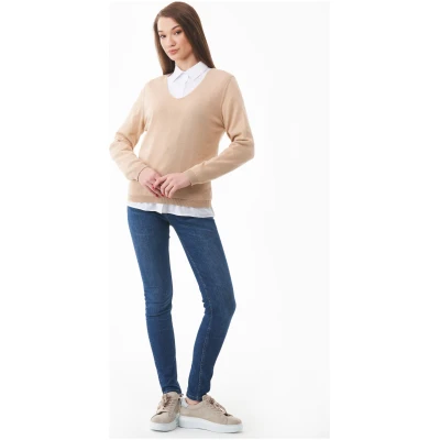 ORGANICATION Damen vegan Pullover V-Ausschnitt Beige