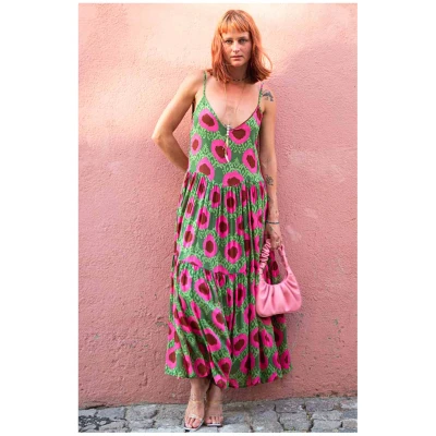Poppy Field Damen vegan Maxikleid Dinas Rosa & GrÃ¼n