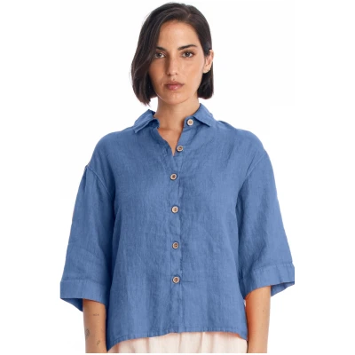 RAVENS VIEW IBIZA Damen vegan Bluse Sommer Indigoblau