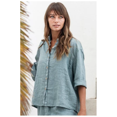 RAVENS VIEW IBIZA Damen vegan Leinenbluse Sommer Chinois GrÃ¼n