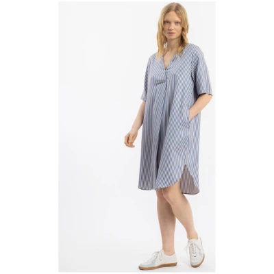 Rotholz Damen vegan Kleid Kaftan Blau/Sand Gestreift