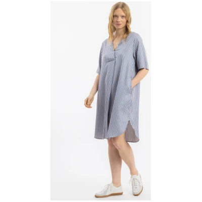 Rotholz Damen vegan Kleid Kaftan Blau/Sand Gestreift
