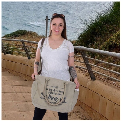 Sunsa Vintage XXL Tasche. Handtasche als Sporttasche oder als Badetasche. Shopper aus beigem Canvas mit Maritim Design
