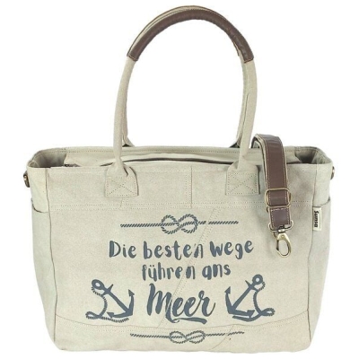 Sunsa Vintage XXL Tasche. Handtasche als Sporttasche oder als Badetasche. Shopper aus beigem Canvas mit Maritim Design