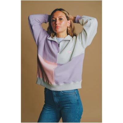Trendsplant Damen vegan Pullover Oversized Color Block Half Zip Lavendel/GrÃ¼n