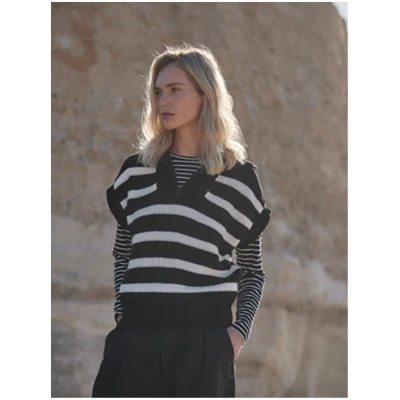 WOTE Damen vegan Strickweste Streifen Schwarz Weiß
