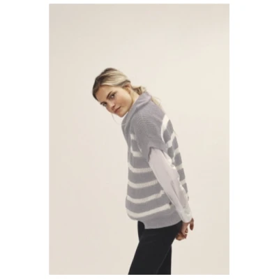 WOTE Damen vegan Strickweste Stripes Greymelange Weiß