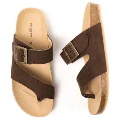 Will's Vegan Shop Two Strap Toe Peg Sandals Dunkelbraun Veganes Wildleder Damen