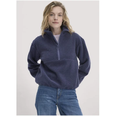 hessnatur Damen Wollfleece Troyer Relaxed aus Bio-Merinowolle mit Bio-Baumwolle - blau - Größe L