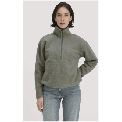 hessnatur Damen Wollfleece Troyer Relaxed aus Bio-Merinowolle mit Bio-Baumwolle - grün - Größe L