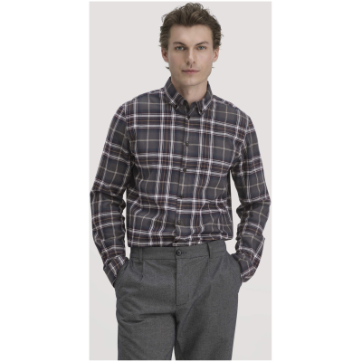 hessnatur Herren Flanell Karo Hemd Regular aus Bio-Baumwolle - grau - Größe L (41/42)