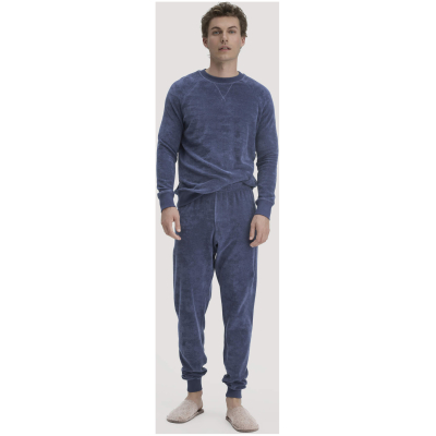 hessnatur Herren Frottee Schlafhose PURE COTTON aus Bio-Baumwolle - blau - Größe 46
