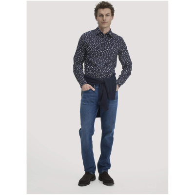 hessnatur Herren Print Hemd Regular aus Bio-Baumwolle - blau - Größe L (41/42)