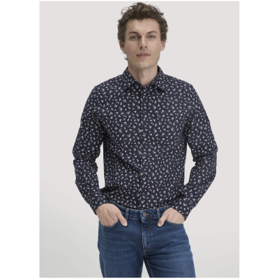 hessnatur Herren Print Hemd Regular aus Bio-Baumwolle - blau - Größe L (41/42)