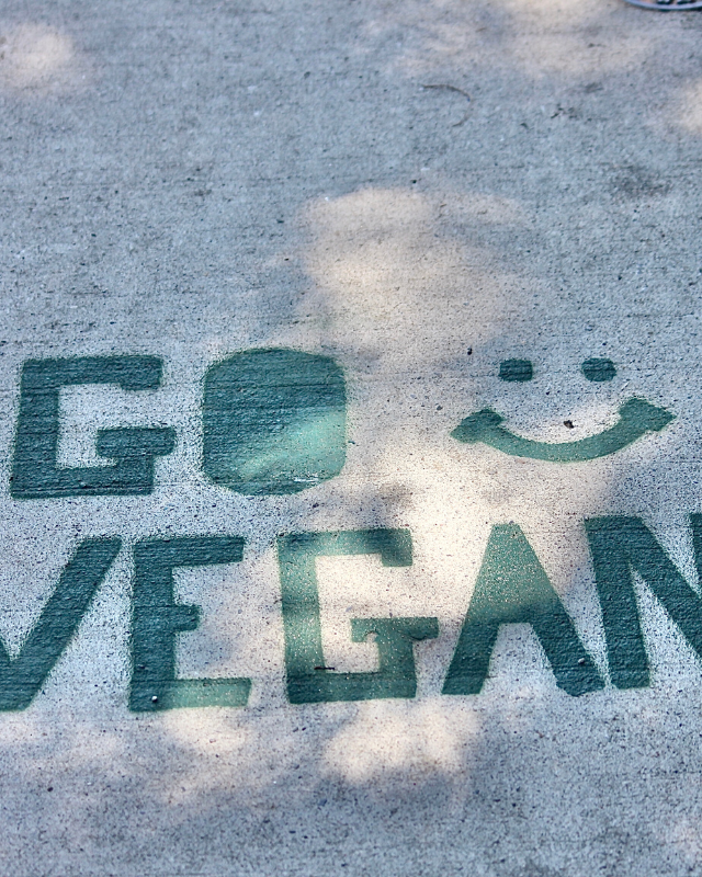 Betonboden mit der Aufschrift "Go vegan" und einem Smiley