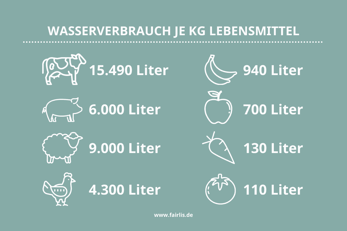 Wasserverbrauch je kg Lebensmittel Rind Schwein Schaf Huhn Banane Apfel Karotte Tomate