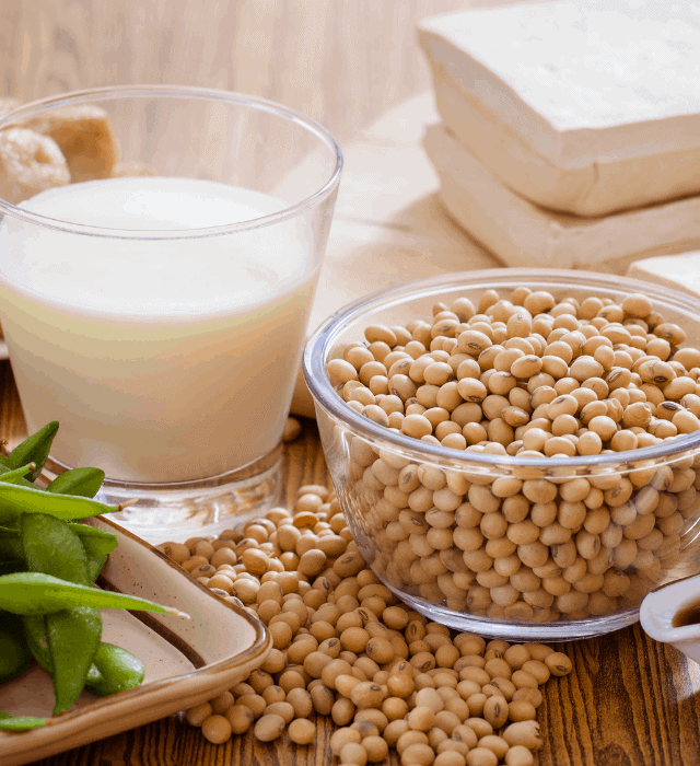 Sojaprodukte Edamame Sojamilch Sojabohnen Sojasoße Tofu auf Tisch