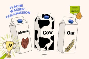 Vergleich CO2, Wasser und Fläche Ressourcenverbrauch zur Produktion von einem Liter Haferdrink, Kuhmilch und Mandeldrink fairlis.de