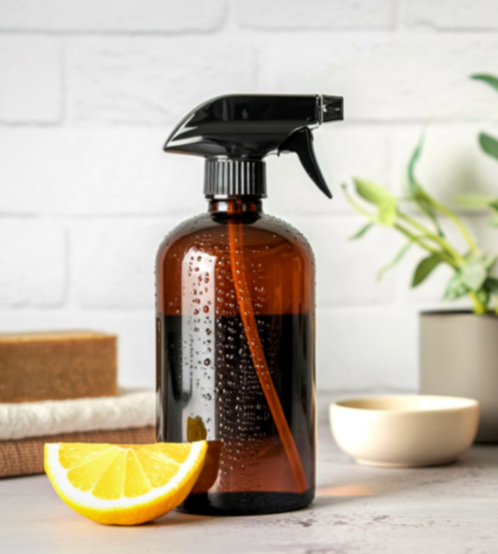 Braune Sprühflasche mit klarer Flüssigkeit steht auf Arbeitsfläche neben Zitrone, Seife und grüner Pflanze