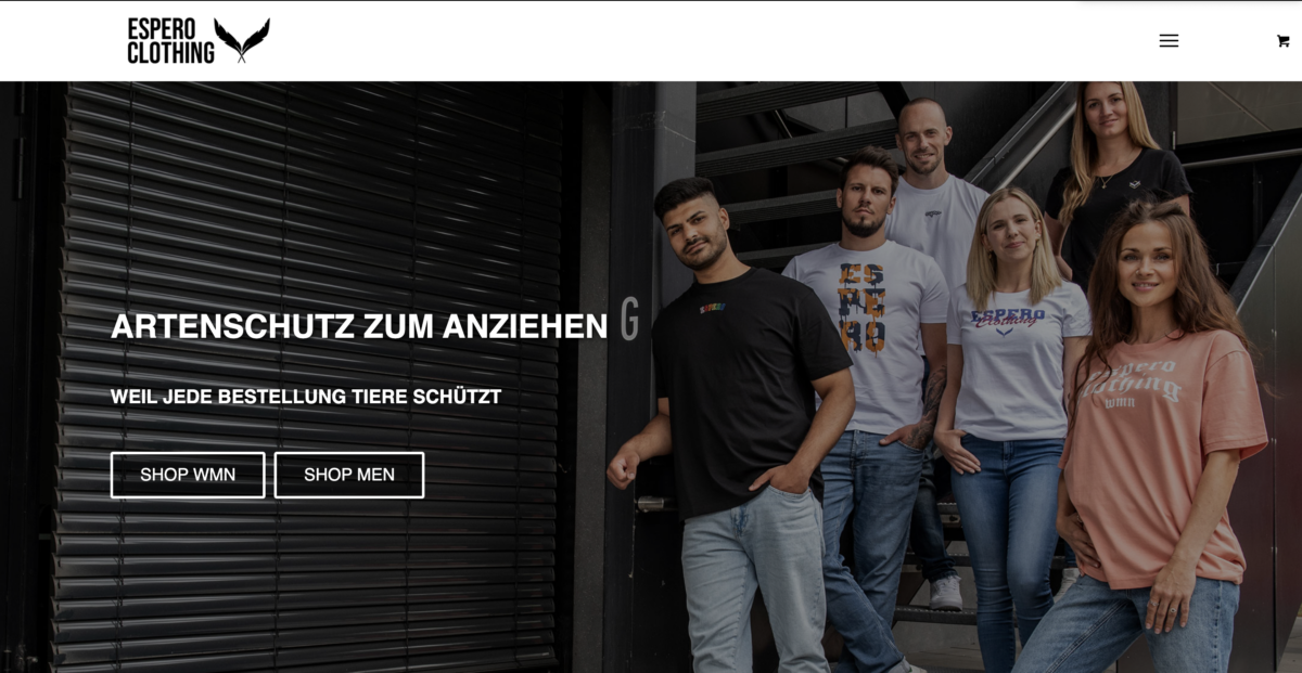 Screenshot der Website Espero Clothing