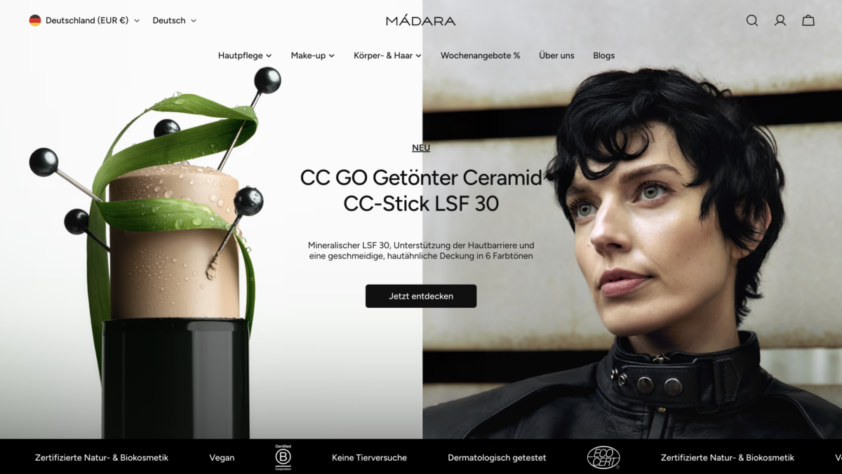 Screenshot der Website Mádara Organic Skincare