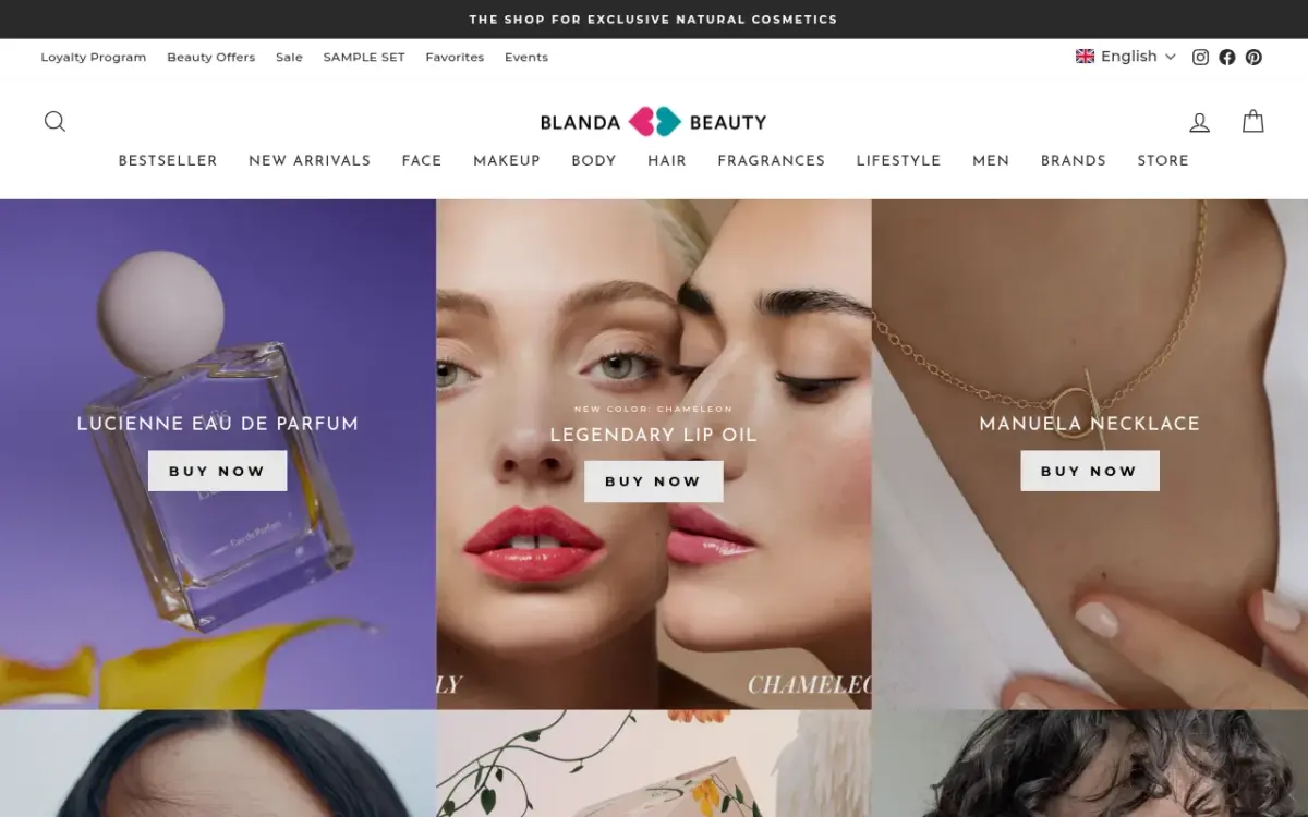 Screenshot der Website Blanda Beauty
