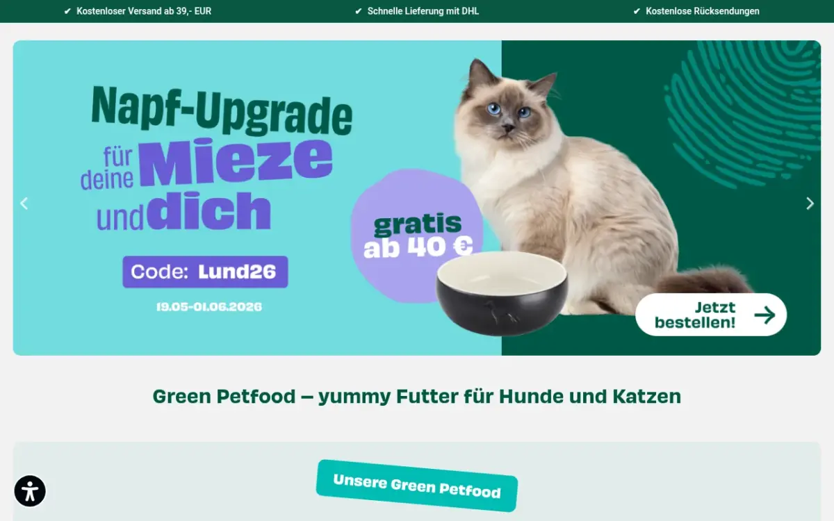 Screenshot der Website Green Petfood