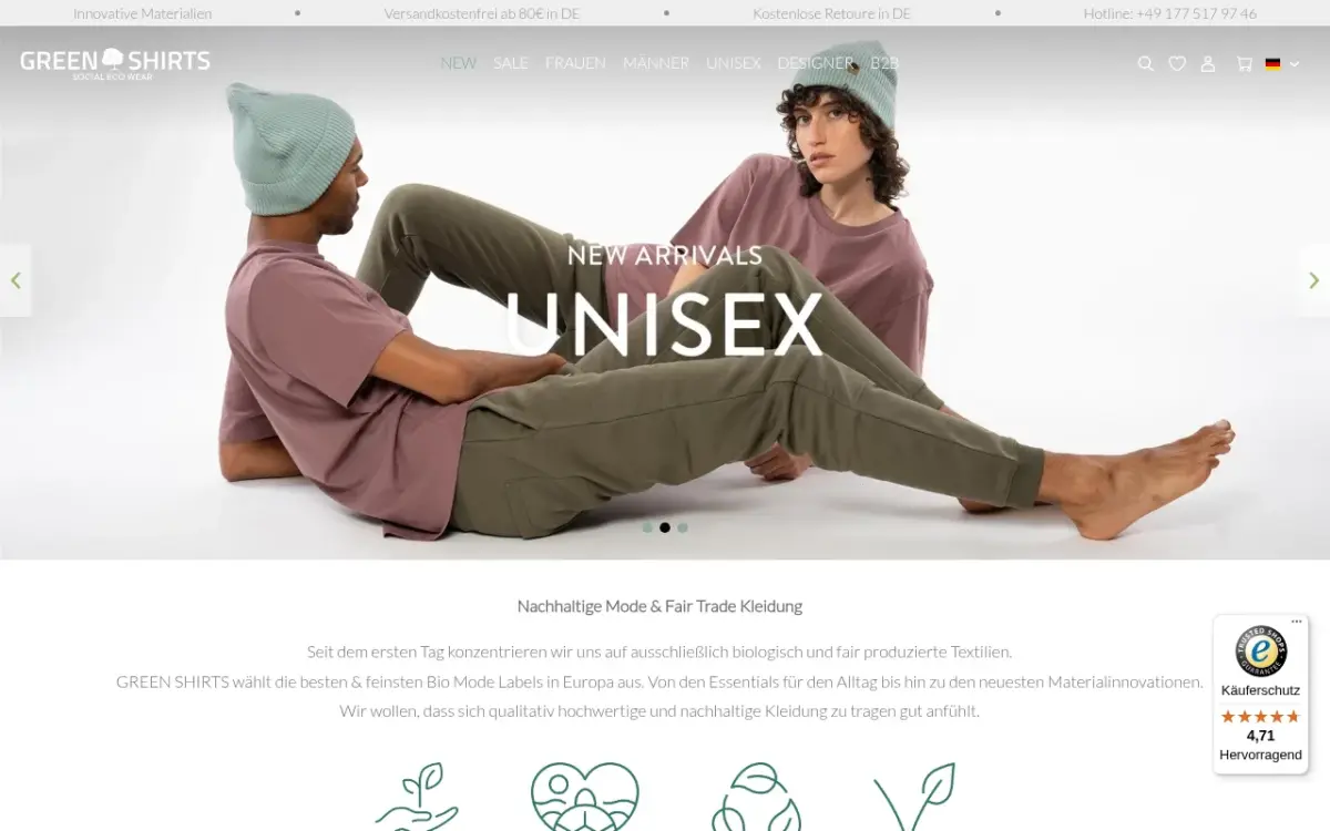 Screenshot der Website Green Shirts