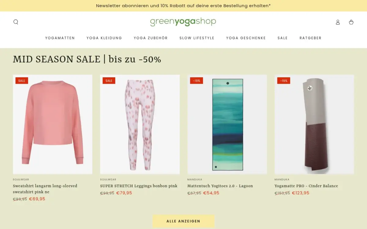 Screenshot der Website greenyogashop