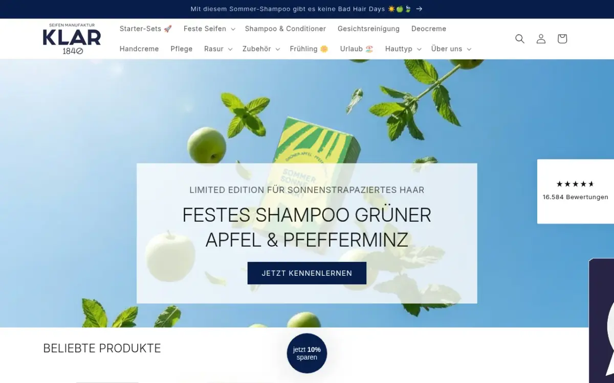 Screenshot der Website Klar Seifen