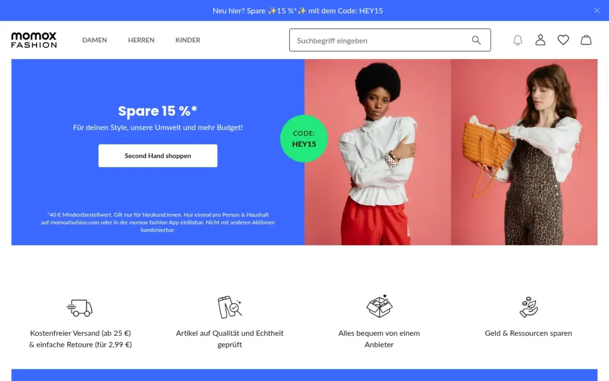 Screenshot der Website Momox Fashion