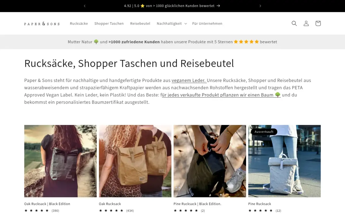 Screenshot der Website Paper & Sons