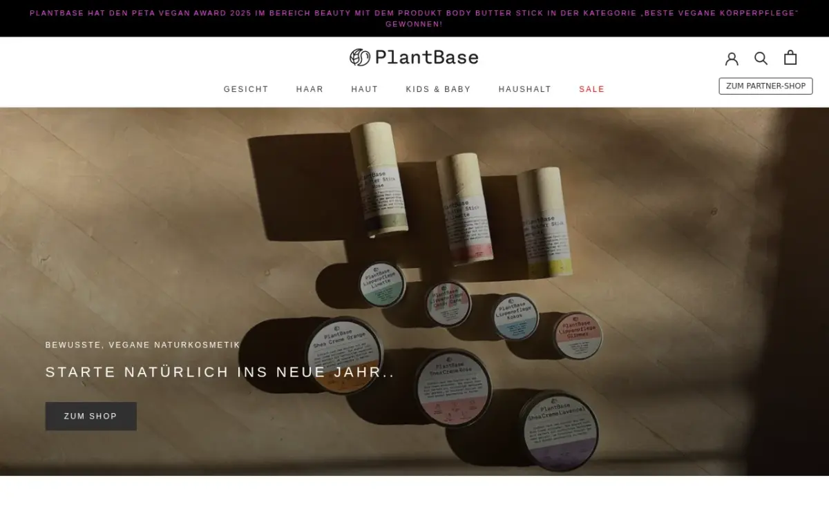 Screenshot der Website plantbase Naturkosmetik