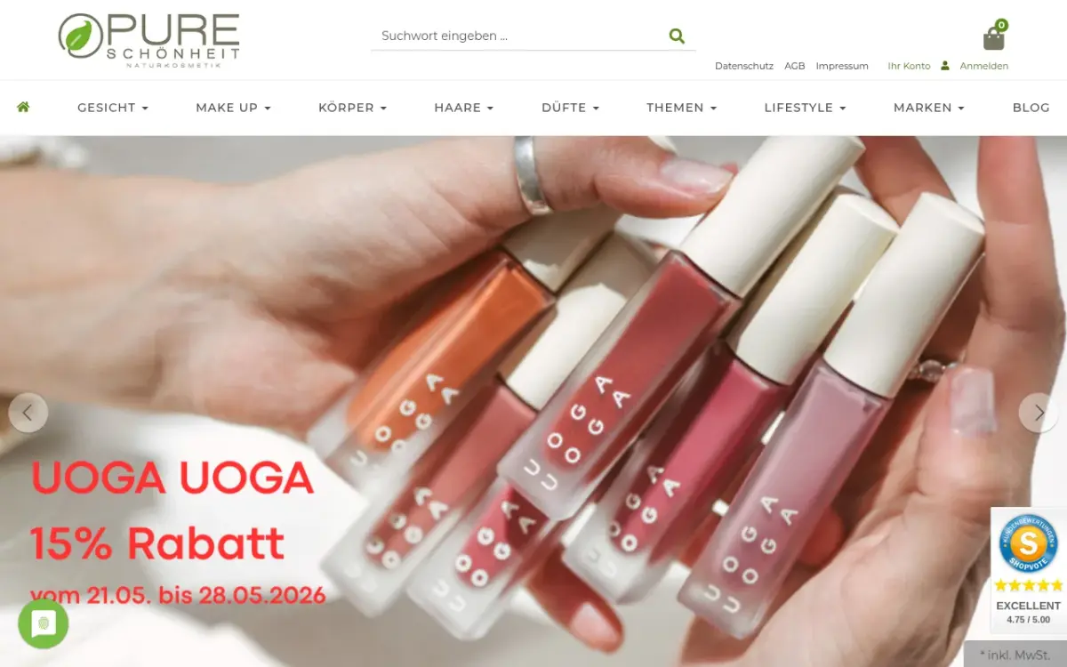Screenshot der Website PURE Schönheit Naturkosmetik