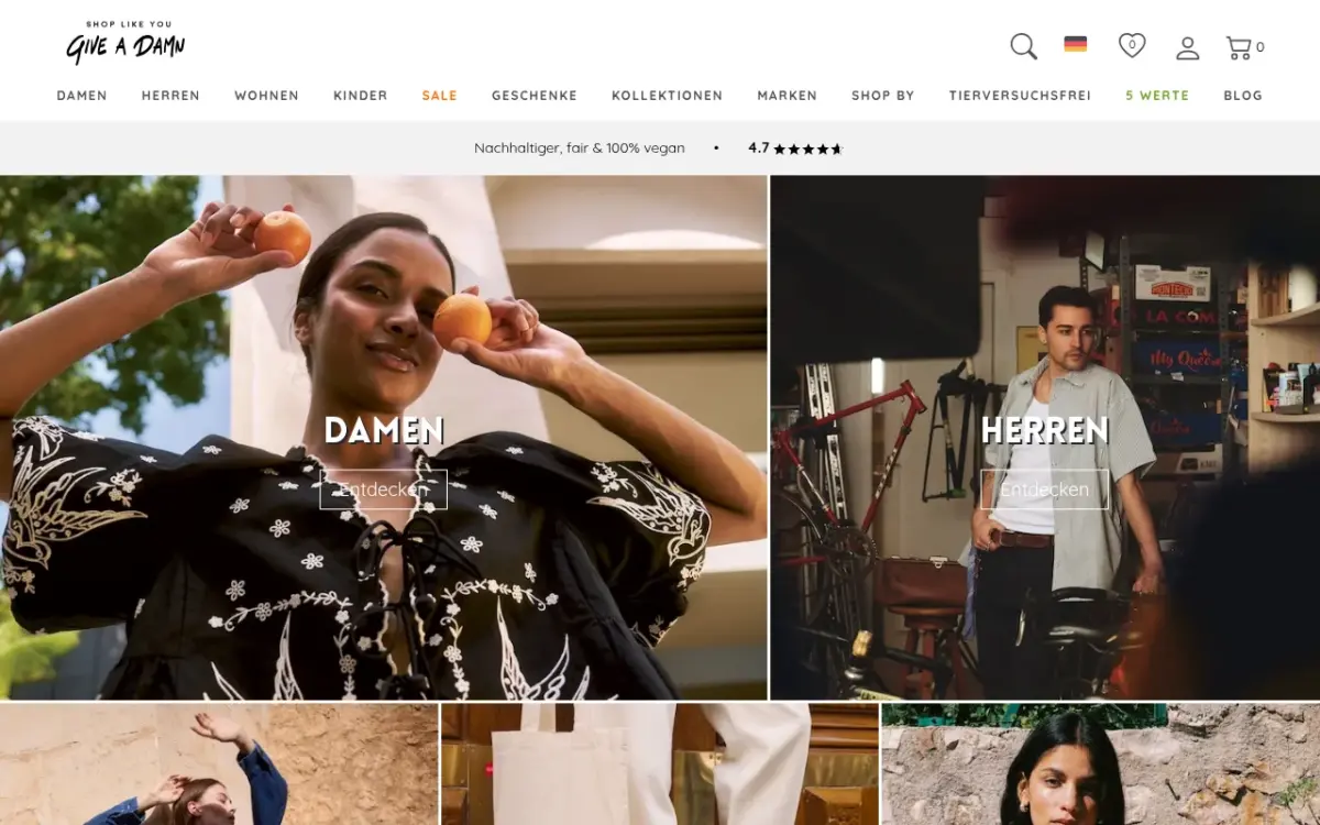 Screenshot der Website Shop like you give a damn