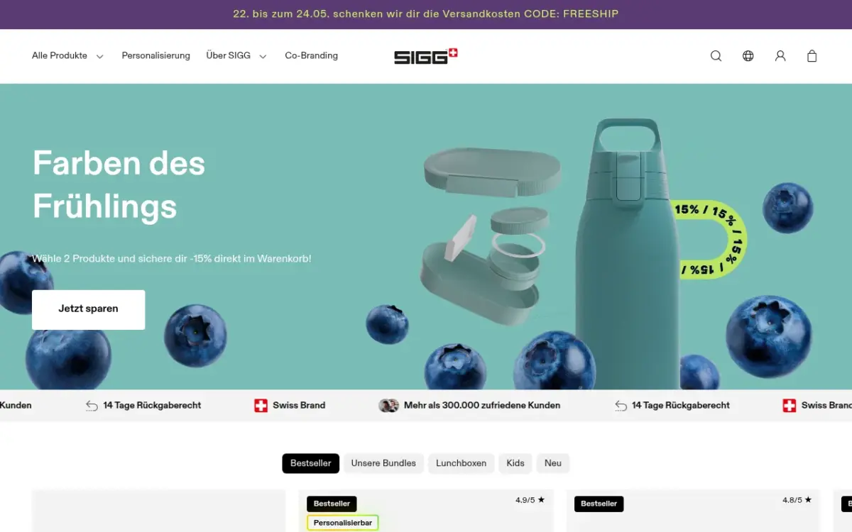 Screenshot der Website SIGG