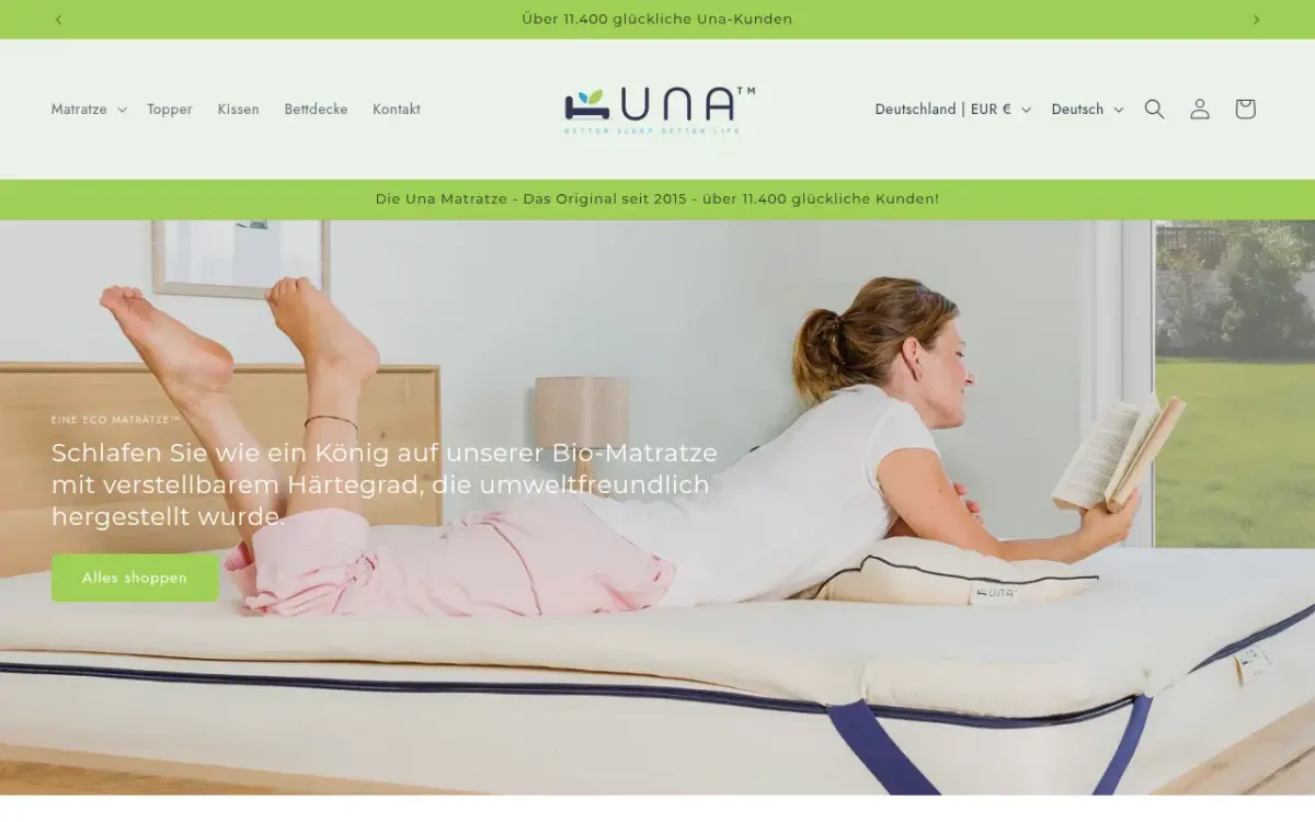Screenshot der Website UNA Bio Matratzen